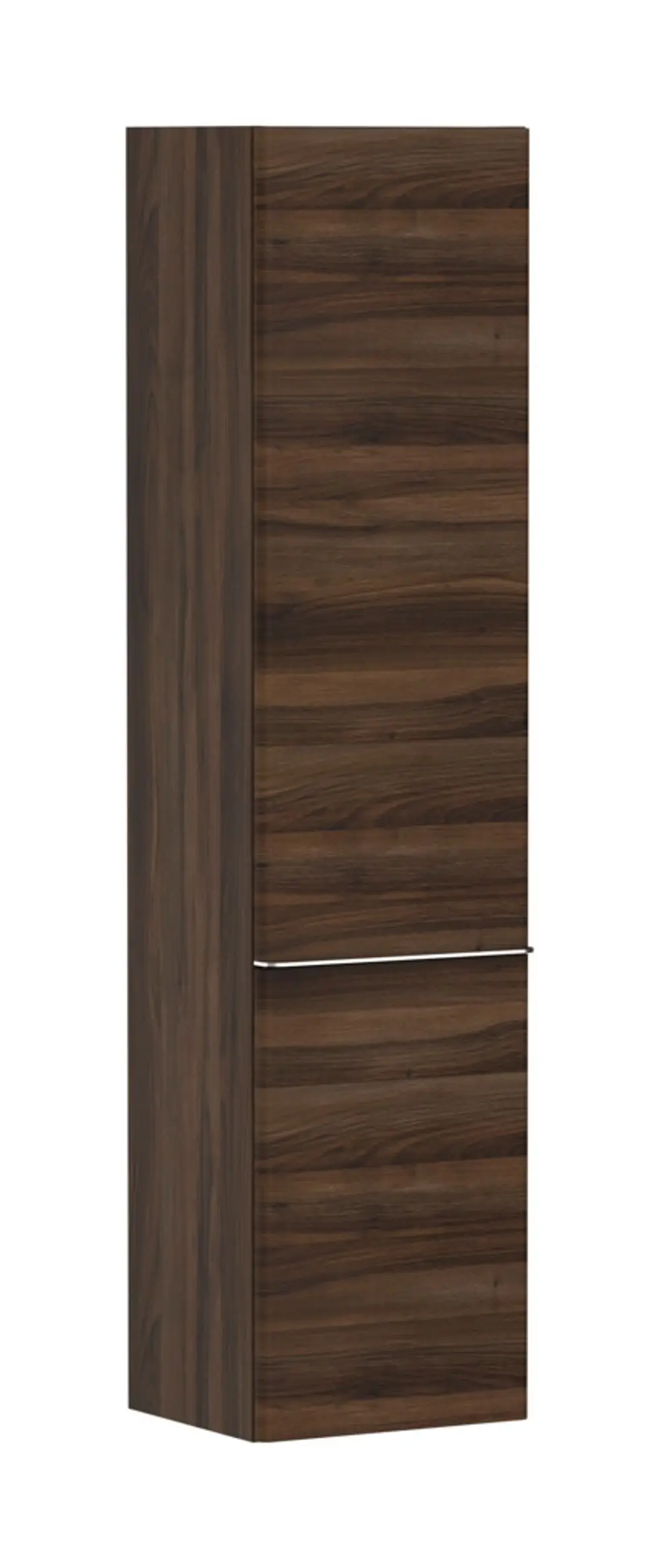 Hochschrank in dunkler Holzoptik, vertikale Bauform mit zwei Türen. Hansgrohe-Logo nicht sichtbar. Türanschlag auf der linken Seite.